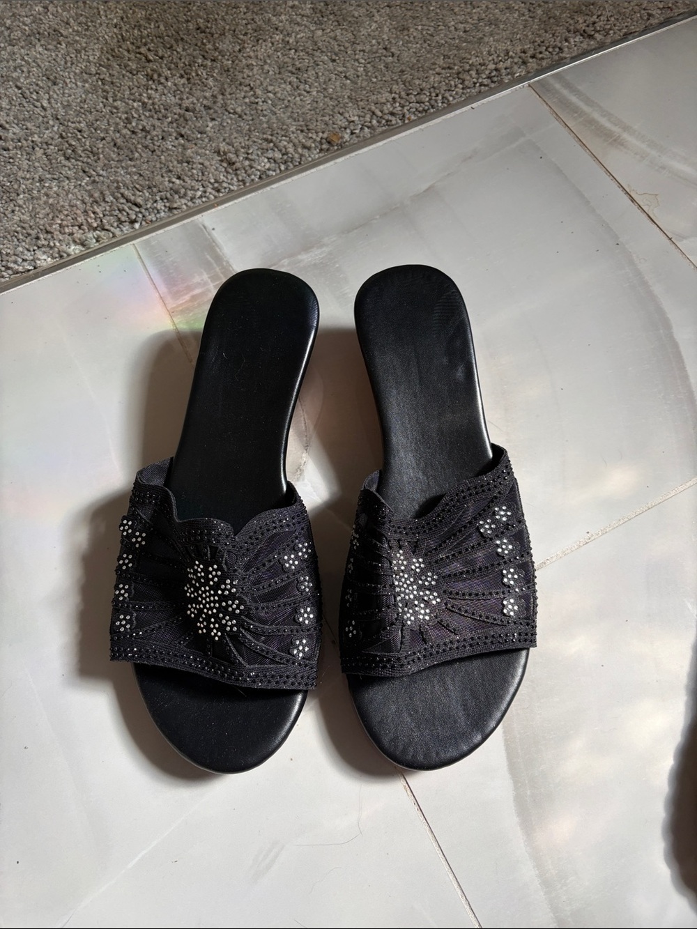 Black Beaded Mesh Slide Sandals
